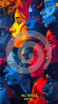 Vibrant artistic illustration featuring diverse profiles of people with ALL VOICES MATTER text, symbolizing inclusivity and