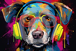 A vibrant and artistic poster featuring an adorable dog wearing stylish headphones, exuding a cool vibe. Ai generated