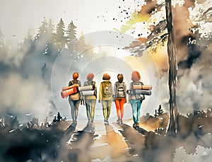 A vibrant, artistic rendering of four individuals embarking on a forest adventure, carrying camping gear. The serene atmosphere is photo