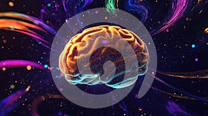 A vibrant, artistic representation of a brain surrounded by colorful swirling patterns and glowing particles