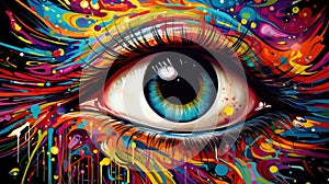 Vibrant artistic representation of an eye with psychedelic colors and patterns