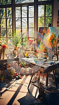 Vibrant Artists Studio: Colorful Brushes, Canvases, and Creative Atmosphere