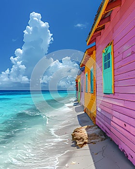 Vibrant Artwork Depicting Colorful Beachfront Buildings in Saint Martin, North America