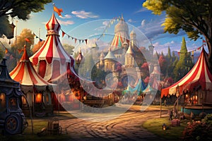 Vibrant artwork showcasing a lively circus scene featuring numerous circus tents and performers, A vintage circus populated with