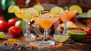 Vibrant Assorted Margaritas, Salted Rims, Citrus Garnishes. Bar Menus, Mexican Party, AI Generated