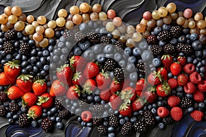 A vibrant assortment of berries and grapes artistically arranged on a textured surface.