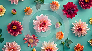 Vibrant Assortment of Blooms on Teal Backdrop, Floral Array, Perfect for Spring and Summer Designs, Versatile