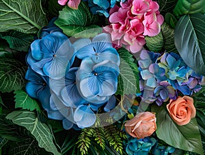 Vibrant Assortment of Blue Flowers, Pink Blossoms, and Peach Roses Amidst Lush Green Leaves