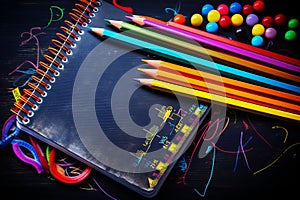 Vibrant assortment of colorful pencils and a noteworthy notebook enhancing the productivity on the clerks desk. a captivating