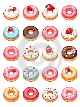 A vibrant assortment of donuts with colorful icing, sprinkles, and fresh strawberry toppings