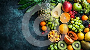 Exotic fruit assortment on dark textured background photo