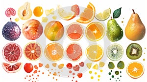 A vibrant assortment of fresh fruit including apples, oranges, pears, and grapes scattered on a clean white surface