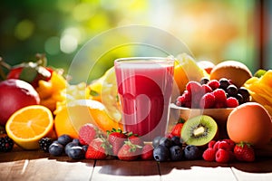 Vibrant Assortment of Fresh Fruits and Festive Smoothie in a Bright Kitchen Setting