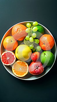 Vibrant assortment of fresh fruits on a plate against a dark background including oranges, lemons, strawberries, pomegranates,