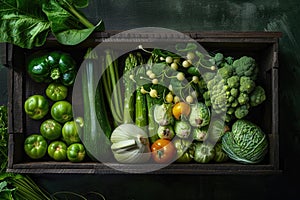 Vibrant Assortment of Fresh Green Vegetables in Wooden Crate