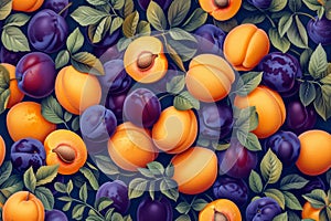 Vibrant Assortment of Fresh Plums and Apricots with Green Leaves on a Dark Background