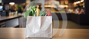 Vibrant assortment of fresh produce in fully stocked paper shopping bag on blurred background