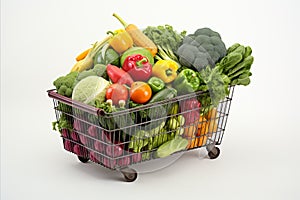 Vibrant assortment of fresh produce in stocked supermarket cart, isolated on white background
