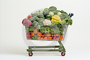Vibrant assortment of fresh produce in a stocked supermarket cart isolated on white background