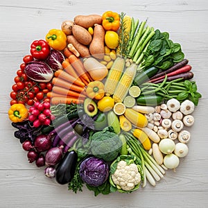 Of fresh vegetables arranged in a circular pattern on a light colored