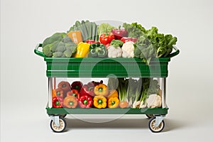 Vibrant assortment of fresh vegetables and fruits in fully stocked supermarket metal shopping cart