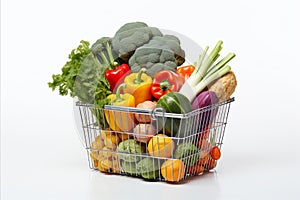 Vibrant assortment of fresh vegetables and fruits in fully stocked supermarket metal shopping cart