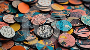 Pile of colorful 90s Tazos with creative designs photo