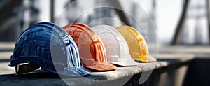 The vibrant assortment of safety helmets arranged on a construction site. AI generated image