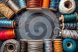 Vibrant Assortment of Sewing Threads and Spools on a Dark Textured Background for Crafting and Tailoring