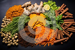 Vibrant Assortment of Spices and Herbs on a Dark Background. Thuja root with turmenic and cinamon.