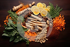 Vibrant Assortment of Spices and Herbs on a Dark Background. Thuja root with turmenic and cinamon.