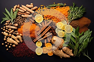 Vibrant Assortment of Spices and Herbs on a Dark Background. Thuja root with turmenic and cinamon.