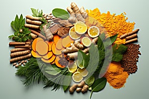 Vibrant Assortment of Spices and Herbs on a light blue background. Thuja root with turmenic and cinamon.