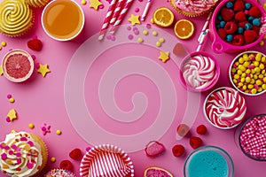 Vibrant Assortment of Sweets and Treats on a Pink Background for Party Celebration and Festive Occasions with Lollipops, Cupcake,