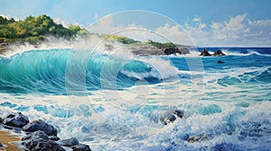Vibrant Australian Landscape: Ocean Wave Crashing On Waimea Bay Shore