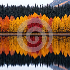Vibrant autumn forest reflected in calm lake
