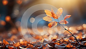 Vibrant autumn forest, yellow leaves, bright sunlight, nature beauty generated by AI