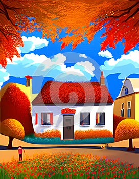 Vibrant Autumn Illustration of a White Old House Amidst Orange Trees and Blue Sky