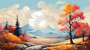 Vibrant Autumn Landscape Illustration With Colorful Trees And Mountains