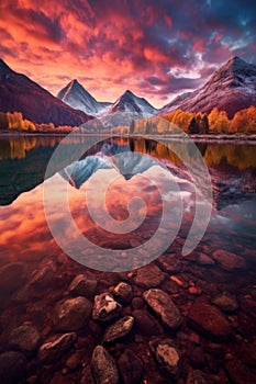 vibrant autumn landscape with mountain and lake reflection