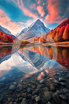 vibrant autumn landscape with mountain and lake reflection