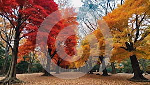 Vibrant autumn landscape multi colored maple tree, gold bush, dry grass generated by AI