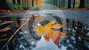Autumn Leaf Floating on Puddle in Forest Road