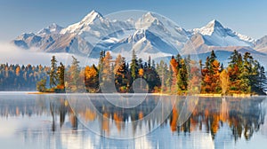 Vibrant autumn sunrise at high tatra lake with majestic mountains and pine forest reflection