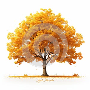 Vibrant autumn tree, yellow orange leaves, isolated on white background