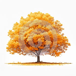 Vibrant autumn tree, yellow orange leaves, isolated on white background