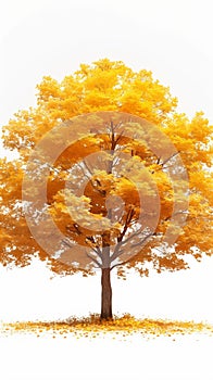 Vibrant autumn tree, yellow orange leaves, isolated on white background