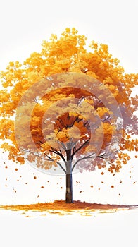 Vibrant autumn tree, yellow orange leaves, isolated on white background