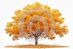Vibrant autumn tree, yellow orange leaves, isolated on white background