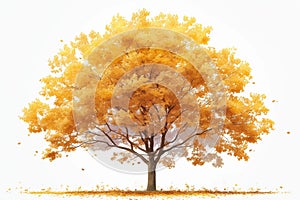 Vibrant autumn tree, yellow orange leaves, isolated on white background